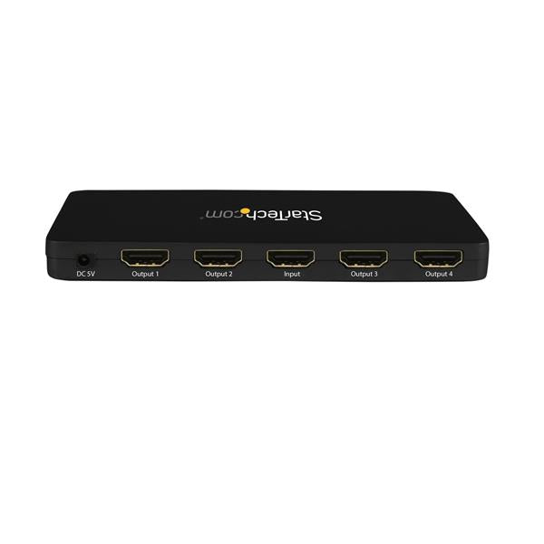 4K HDMI 4-Port Video Splitter showcasing solid aluminum housing, enabling multi-display connectivity with Ultra HD support.