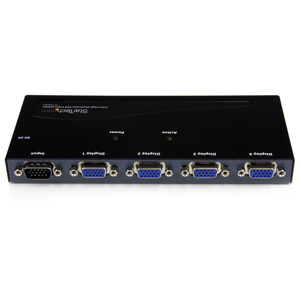 4 Port VGA Video Splitter showcasing crisp visuals, 350 MHz bandwidth, and 210 ft signal extension for multiple displays.