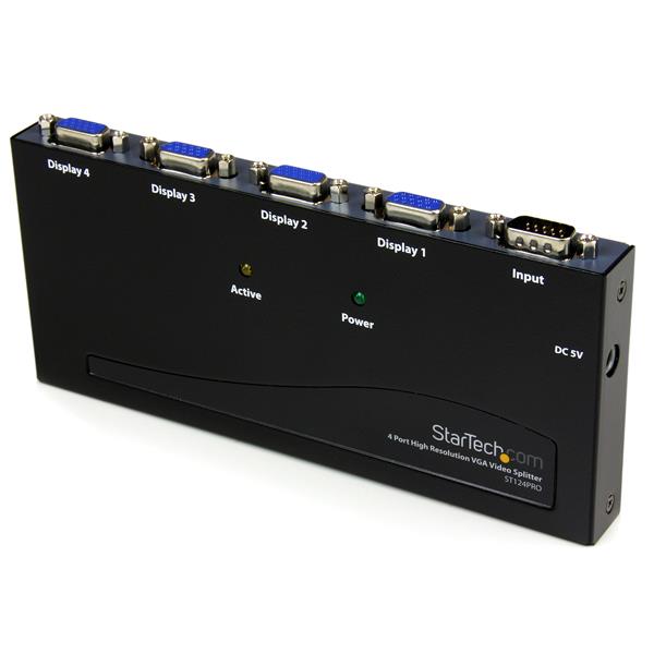 4 Port VGA video splitter enabling high-res output to 4 displays simultaneously, with 350 MHz bandwidth and 210 ft signal extension.