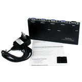 4 Port VGA video splitter for connecting up to 4 monitors, supports 2048x1536 resolution, and extends signals up to 210 feet.