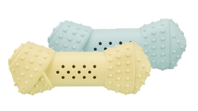 Colorful 10cm rubber bone for dogs, designed to cool and hydrate while chewing, ideal for playful hydration in summer.