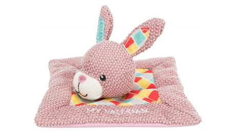 Soft 13cm bunny toy for cats, infused with valerian scent to encourage playfulness and provide comfort. Durable polyester design.