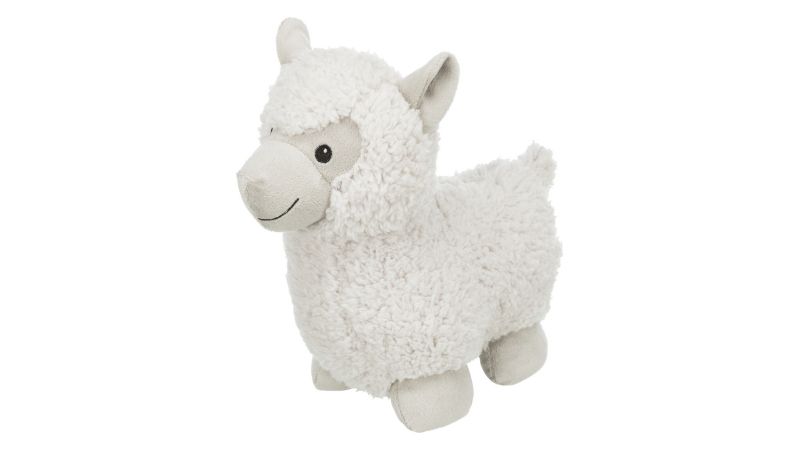 Eco-friendly 26cm plush dog toy shaped like an alpaca, made from recycled materials with an internal sound mechanism.