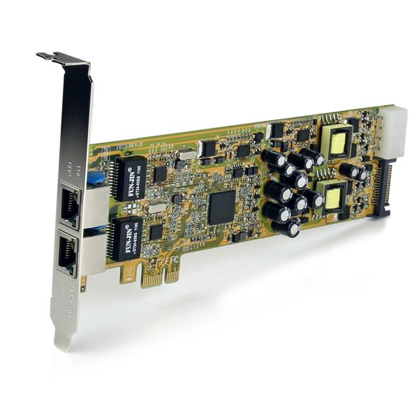 Dual Port PCI Express Gigabit Ethernet card with dual PoE RJ45 ports, delivering power and data over a single cable.