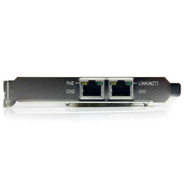 Dual Port PCI Express Gigabit Ethernet Card with PoE, delivering data and 48V power for efficient network setups.