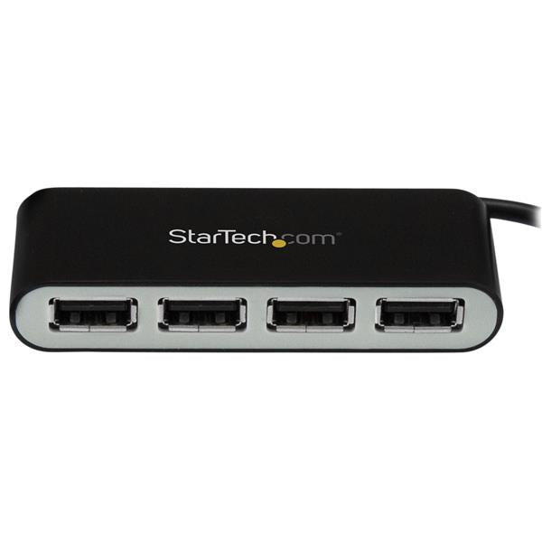 Compact 4-Port USB 2.0 hub with built-in cable, ideal for traveling, connecting multiple devices easily without extra cords.