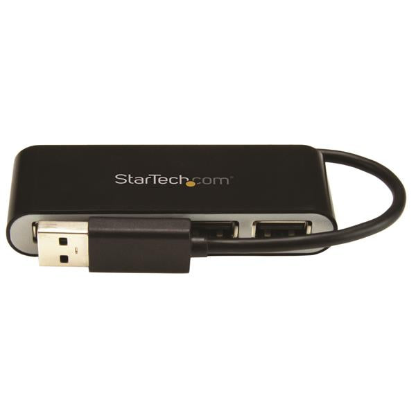 Compact 4-port USB hub with built-in cable, ideal for travel, expanding connectivity for devices like mice and keyboards.