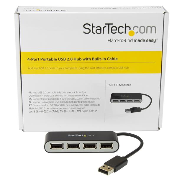 Compact 4-port USB 2.0 hub with built-in cable, perfect for expanding connectivity on-the-go without extra power adapters.