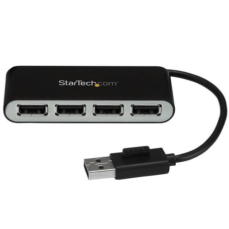 4-Port Portable USB 2.0 Hub with built-in cable, designed for easy travel and connectivity of multiple devices.