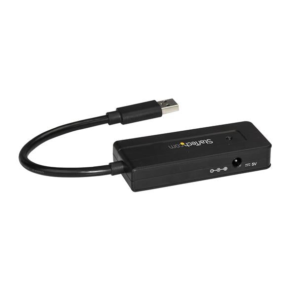 Compact 4-Port USB 3.0 Hub with charging port, perfect for expanding connectivity on-the-go with included power adapter.