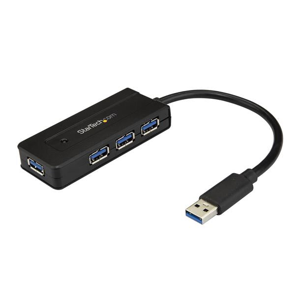 4-Port USB 3.0 Hub with charge port, compact design for travel, includes power adapter for high-demand devices.