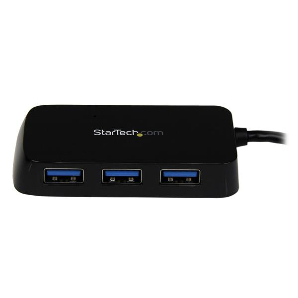 Portable 4-port USB 3.0 hub in black, enabling high-speed connections for multiple devices with integrated cable design.