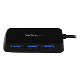 Portable 4-port USB 3.0 hub in black, enabling high-speed connections for multiple devices with integrated cable design.