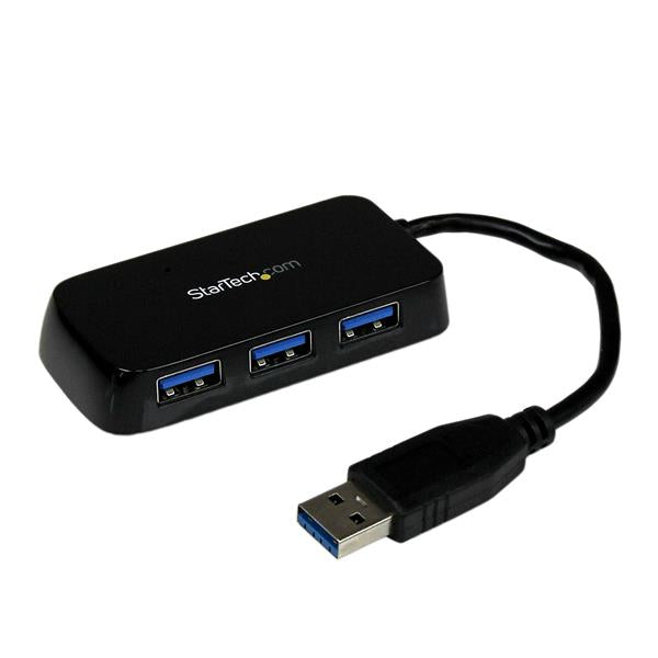 Portable 4-port USB 3.0 hub in black, offering SuperSpeed data transfer up to 5 Gbps, perfect for connecting multiple devices.