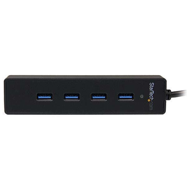 Compact 4-port USB 3.0 hub with built-in 25 cm cable, designed for efficient device connectivity and space-saving organization.