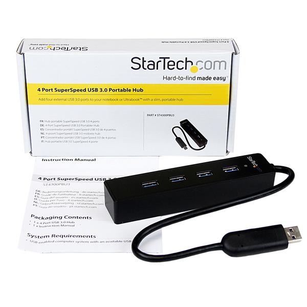 4 Port USB 3.0 Hub with built-in 25 cm cable, ideal for expanding connectivity on laptops and tablets in a compact design.