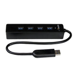 Compact 4-Port USB 3.0 hub with built-in 10-inch cable, ideal for expanding connectivity without sacrificing speed.