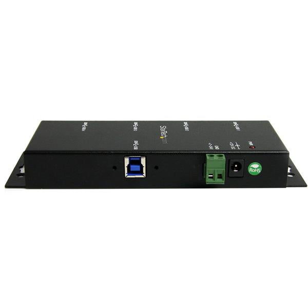 4-Port Industrial USB 3.0 Hub with metal housing, mountable design, ESD protection, and up to 2.4A charging per port.