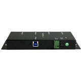 4-Port Industrial USB 3.0 Hub with metal housing, mountable design, ESD protection, and up to 2.4A charging per port.