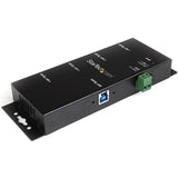 Mountable 4-port industrial USB 3.0 hub with heavy-duty metal housing, ESD protection, and efficient charging for demanding environments.