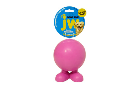 Brightly colored JW Good Cuz Dog Toy for large breeds, featuring a durable rubber design, squeaker, and bouncy ball-with-feet.