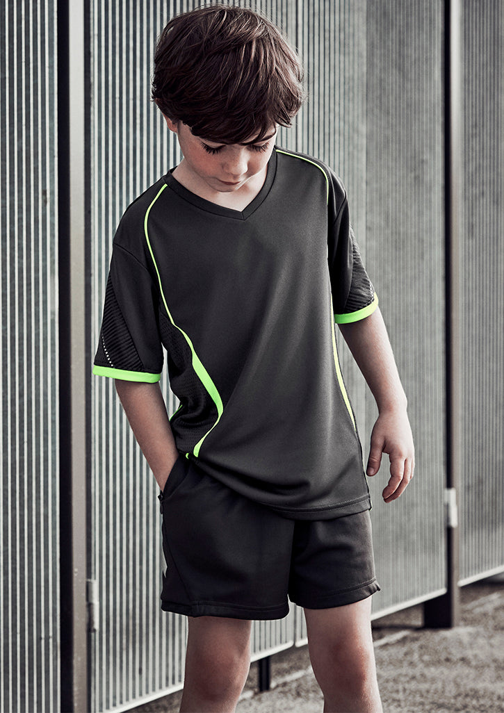 Kids Circuit Short in Grey, Size 6, featuring moisture-wicking fabric, reflective trims, and a secure zippered pocket.
