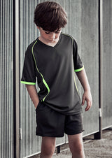 Kids Circuit Short in Grey, Size 6, featuring moisture-wicking fabric, reflective trims, and a secure zippered pocket.