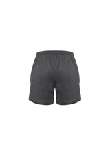 Kids Circuit Short in grey, Size 8 from Biz Collection, featuring reflective trims, zip pocket, and stretch fabric for active play.