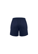Kids Circuit Short in Navy - Size 8, made from BIZ COOL™ fabric, features a soft elastic waistband, reflective trims, and a zippered pocket.