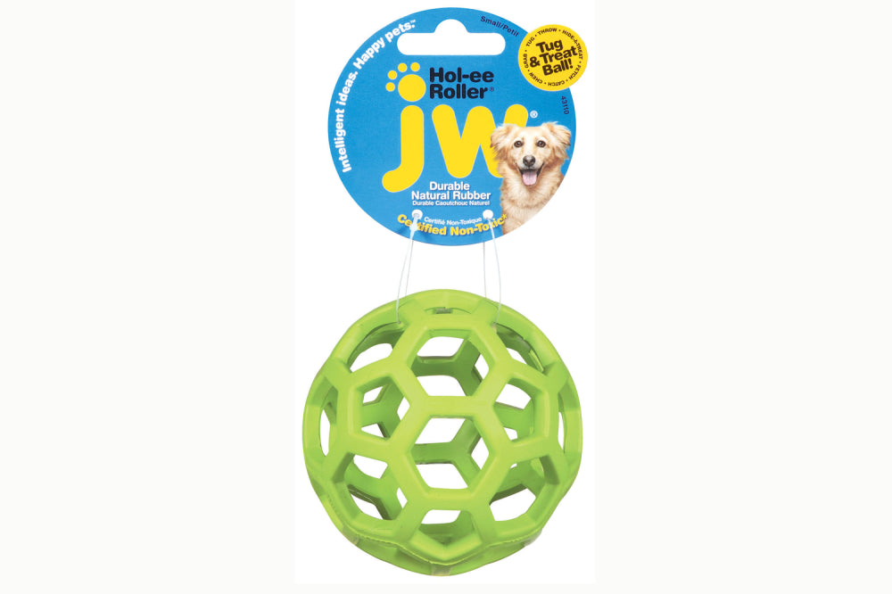 Medium JW Hol-ee Roller dog toy, non-toxic stretchy rubber, treats inside, ideal for fetch, tugging, and chew sessions.