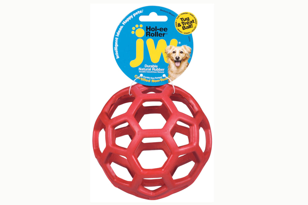 Large, non-toxic rubber dog toy with an open design for treats, perfect for fetch, tug, and teething; vibrant colors chosen at random.