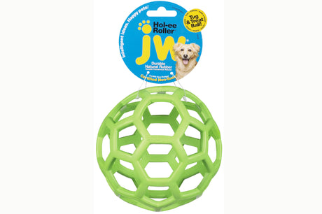 Large JW Hol-ee Roller dog toy in vibrant colors, designed for fetch, treat-dispensing, and durable play. Non-toxic rubber.