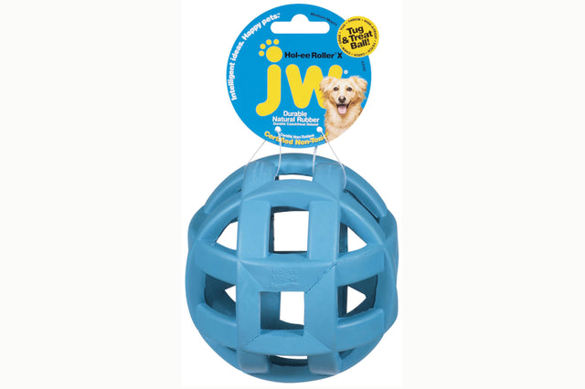 Dog toy JW Hol-ee Roller X, a tough rubber ball with cut-outs for grabbing, fetch, tug, and treat-filling fun.