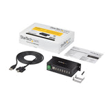 Rugged 7 port USB hub for industrial use, featuring TAA compliance, wall mounting, and up to 480 Mbps data transfer rates.