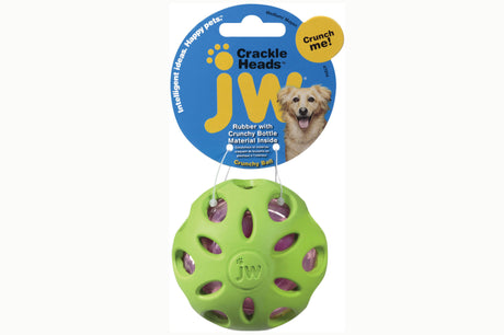 Medium JW Crackle Heads Crackle Ball for dogs, durable, crackling sound, made from recycled materials, available in vibrant colors.