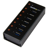 7-Port USB 3.0 hub with metal enclosure, wall-mountable, features seven ports for fast data transfer and bulky connector compatibility.