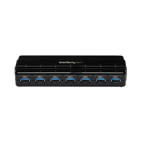 7-Port USB 3.0 hub with one-sided port orientation, 5 Gbps data transfer, and overload protection for seamless connectivity.