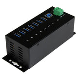 Durable 7-port industrial USB 3.0 hub with ESD protection, designed for harsh environments, offering fast data transfer and multiple connections.