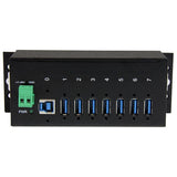 7-Port Industrial USB 3.0 hub with ESD protection, heavy-duty metal housing, supports fast data transfer and multiple device connections.