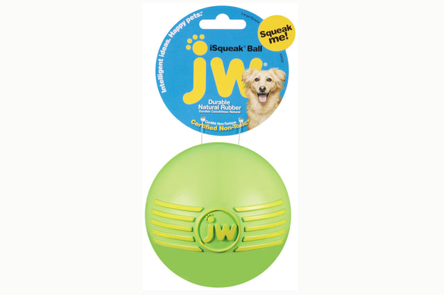 Durable 10cm JW iSqueak Ball for dogs, features a loud squeaker, ideal for medium to large breeds, in assorted vibrant colors.