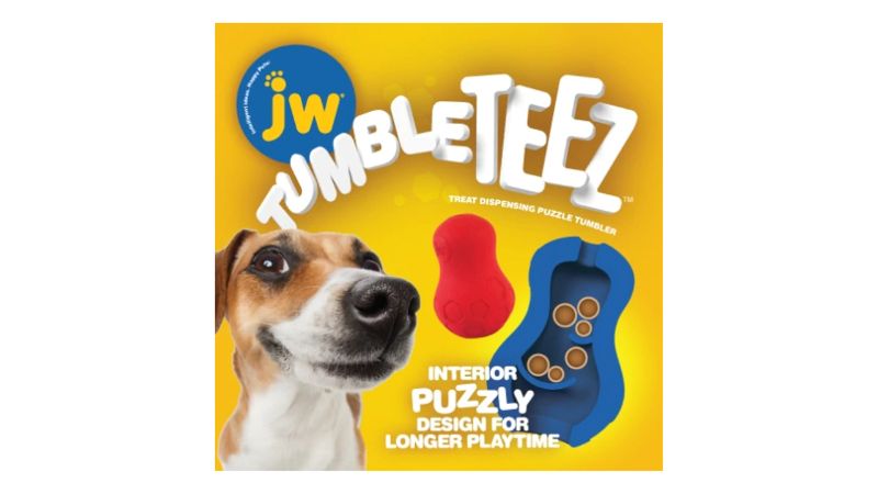 Vibrant green JW Tumble Teez Small dog toy with internal maze for treats, made of durable, non-toxic rubber for small breeds.