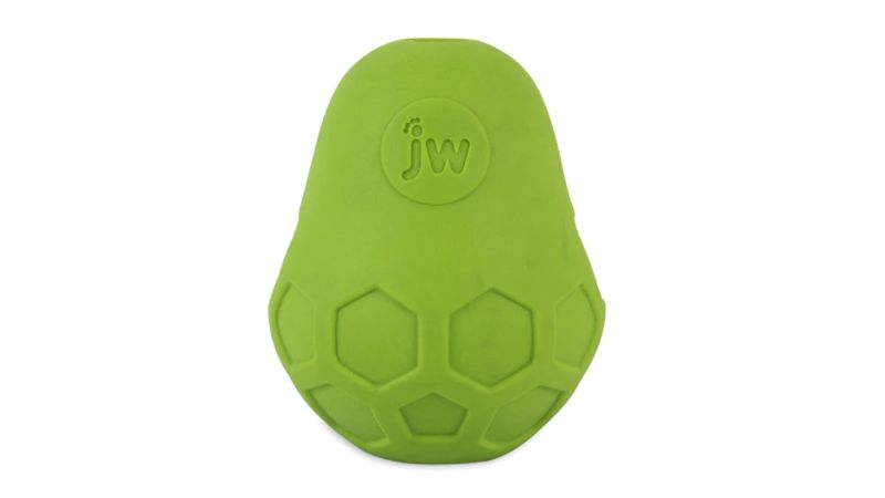 Vibrant green JW Tumble Teez small dog toy with internal maze for treat dispensing, ideal for small breeds up to 7kg.