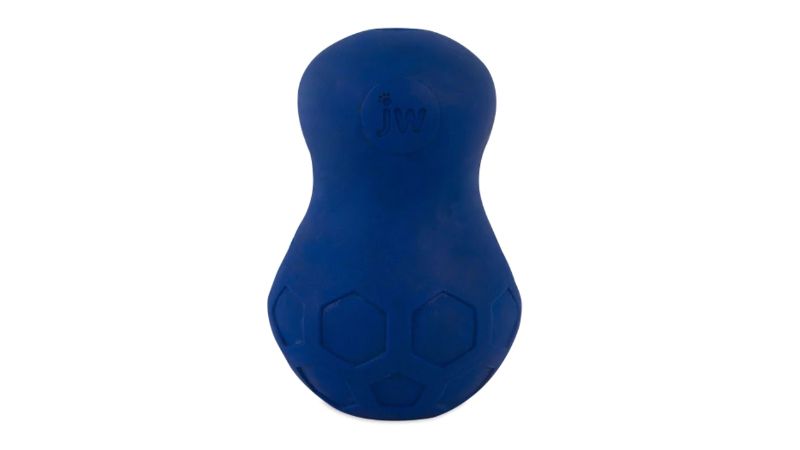 Large blue JW Tumble Teez dog toy featuring a treat-dispensing maze design made of durable, non-toxic rubber for sturdy play.