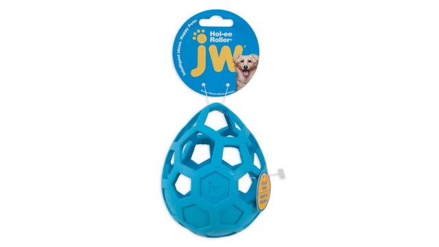 Interactive JW Hol-ee Roller Wobbler for dogs with treat holder and auto-righting design, 12.7cm tall, durable rubber.