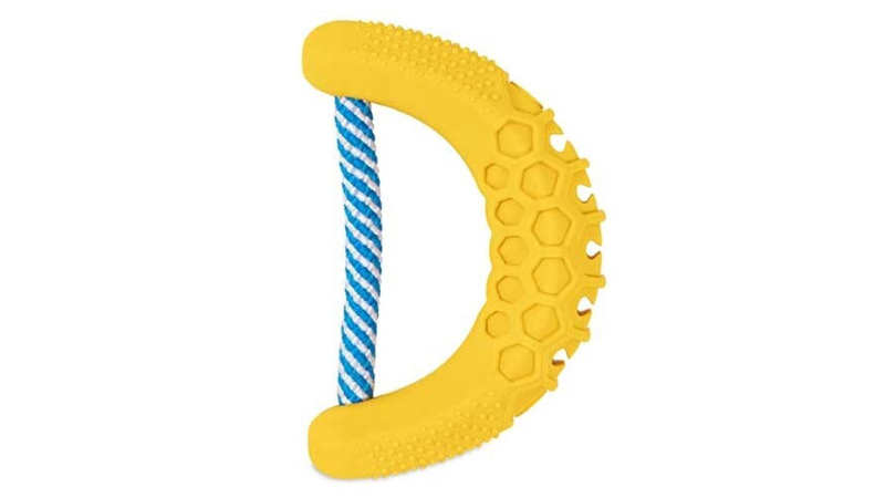 Durable 14cm dog toy that cleans teeth with pockets for toothpaste and a super-scrubber design for dental health fun.