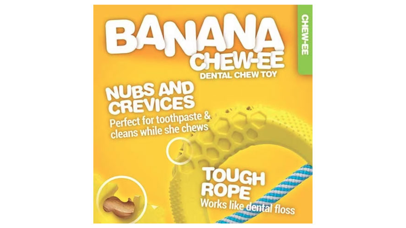 Durable JW Banana Chew-ee dog toy for fun and dental care, with fillable pockets for toothpaste and super-scrubber textures.