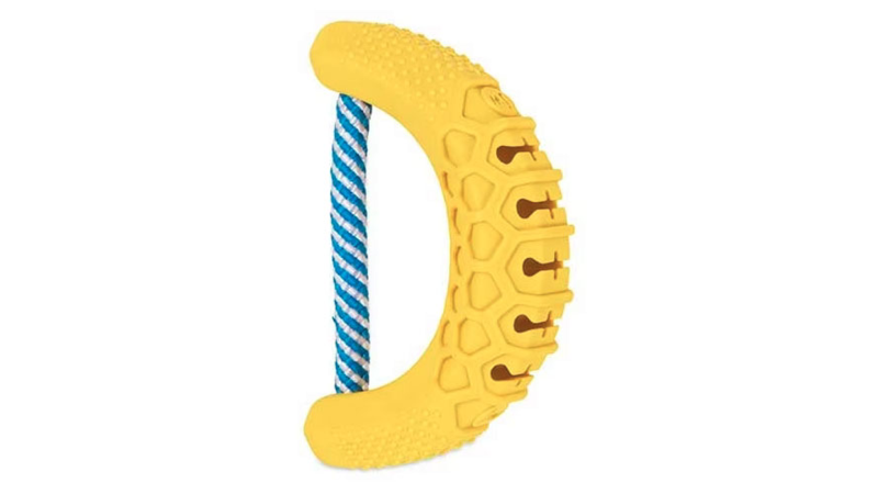 Durable JW Banana Chew-ee dental toy for dogs, featuring deep cleaning pockets and textured patterns for plaque removal.