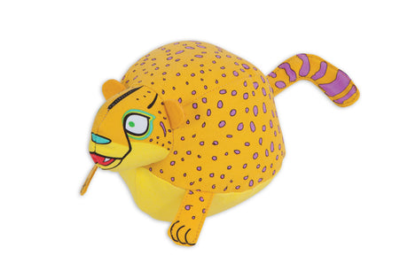 Plush dog toy in the shape of a colourful cheetah with a squeaker, designed for fun and durable playtime.