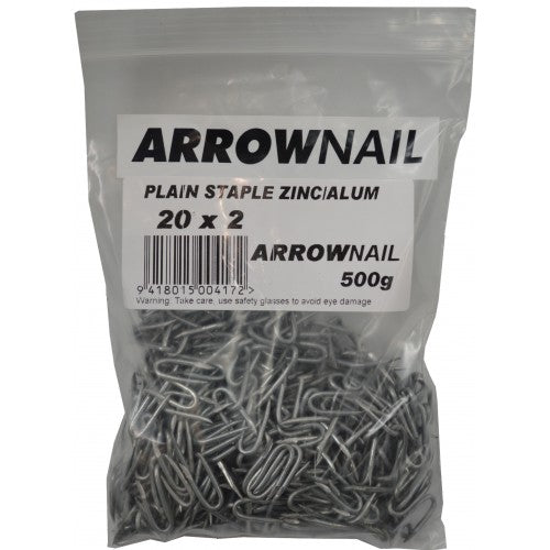 Zinc/aluminum fence staples, 19mm x 2.0mm, 500g pack for secure fastening of fencing wire to posts and battens.