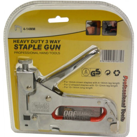 Heavy duty staple gun with 3-way adjustment for versatile stapling in various projects, ergonomic design for comfort.